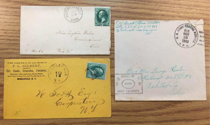 US #147,158 Circa 1880s Covers + Unstamped 1943 U.S. Army Cover