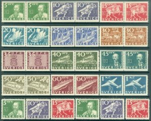 EDW1949SELL : SWEDEN 1936 Scott #248-62 Cplt set in Coil pairs. VF MNH Cat $600+