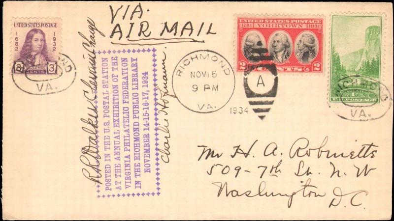 1934 RICHMOND VIRGINIA CACHET FOR EXHIBITION FOR THE VIRGINIA PHILATELIC