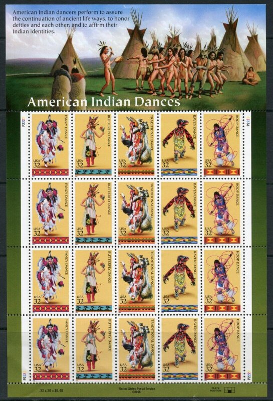 UNITED STATES SCOTT #3072/76 32c AMERICAN INDIAN DANCES SHEET(20) MINT NH