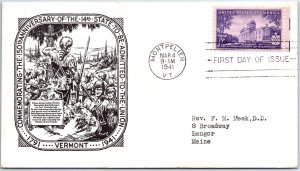 U.S. FIRST DAY COVER 150th ANNIVERSARY OF THE 14th STATE OF VERMONT 1941 LONDRY