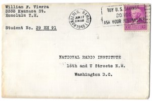 Honolulu Hawaii Territory to Washington D.C. 1940 Scott 876 Cover, Slogan Cancel