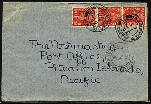 GB TO PITCAIRN 1950 cover with Pitcairn arrival cds on front of cover......19515