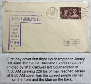 1937 Southampton England First Official Flight Cover To Jersey Channel Islands