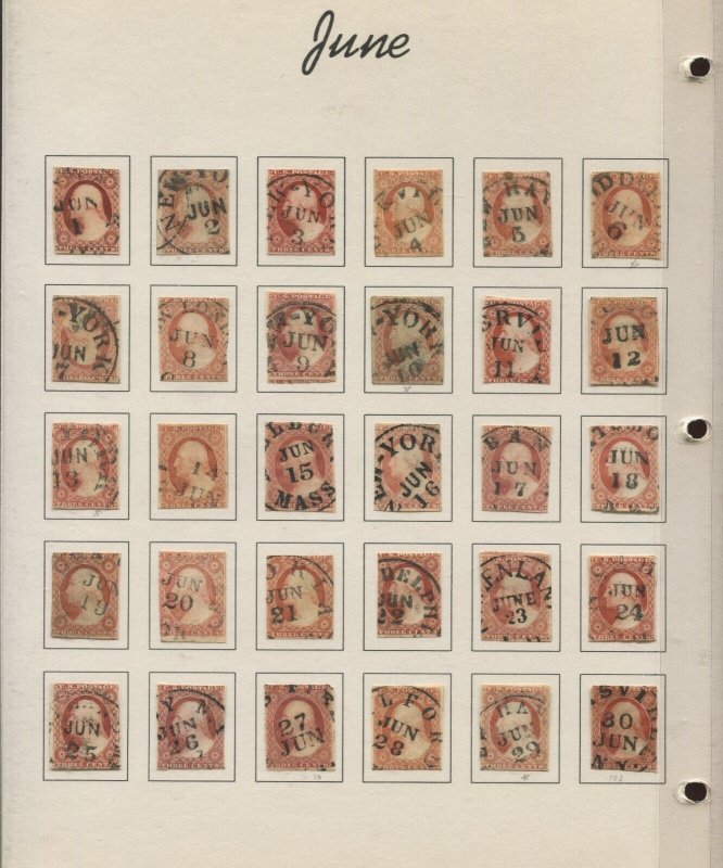 1851 3¢ Complete Calendar Collection 11 & 11A of 366+ Stamps with BLACK CANCELS