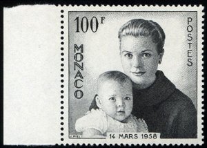 Monaco #409 (YT 489) Cat€13, 1958 Princess Grace and Caroline, left sheet m...