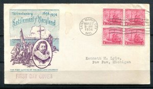 #736 3¢ Block Maryland Settlement  1934 FDC Tercentenary Cachet Very Fine