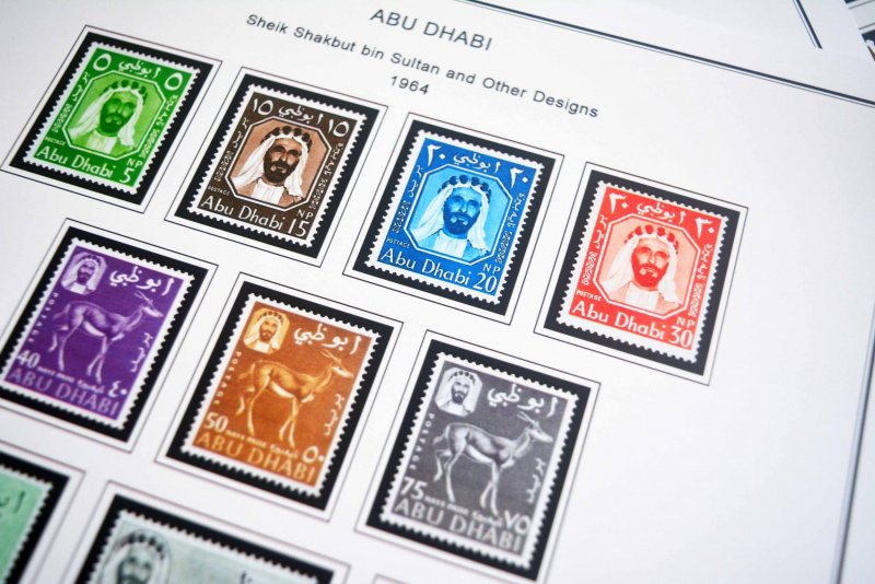 COLOR PRINTED ABU DHABI 1964-1972 STAMP ALBUM PAGES (9 illustrated pages)