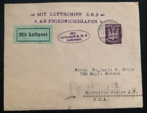 1924 Friedrichshfen Germany ZR 3 Zeppelin Airmail Cover to Rockville NY Usa SA