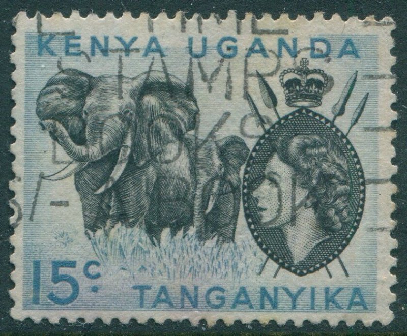 Kenya Uganda and Tanganyika 1954 SG169 15c QEII elephants #2 FU (amd)