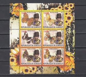 Djibouti, 2007 issue. B. Powell, Scout Founder & Butterflies, sheet of 6. ^