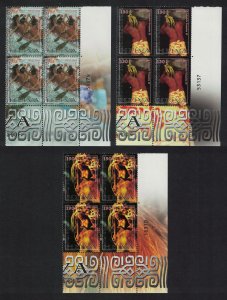 Fr. Polynesia Heiva Canoe Tattoo Costume 3v Corner Blocks of 4 Date 2006 MNH