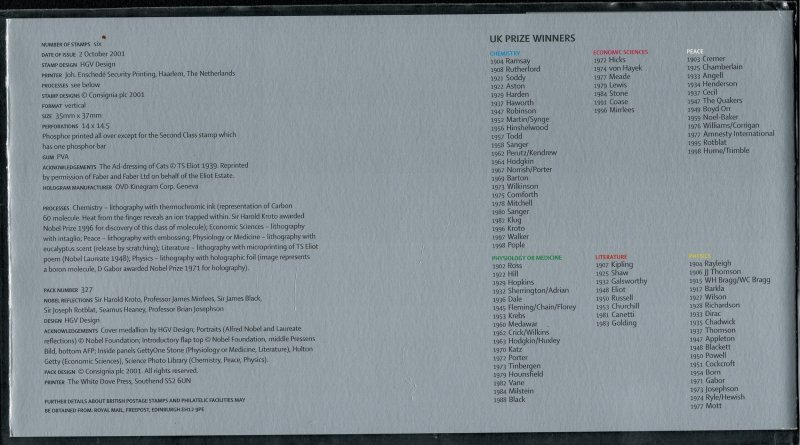 G.B.QE II 2001 CENTENARY  NOBEL PRIZES MINT (NH) SG2232-37 P.O.PACK 327 SUPERB