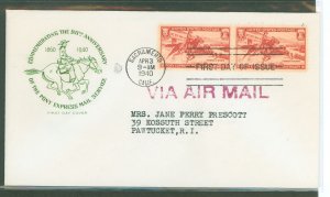 US 894 1940 3c pony express 80th anniversary, pair on an addressed, typed fdc with a house of farnum cachet