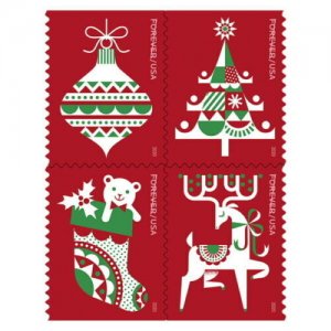 2020 55c Holiday Delights, Modern Christmas Graphics Scott 5526-29 Block of 4