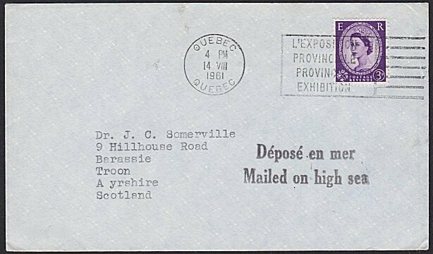 GB USED IN CANADA 1961 cover 'Mailed on High Sea' - Quebec cancel...........H320