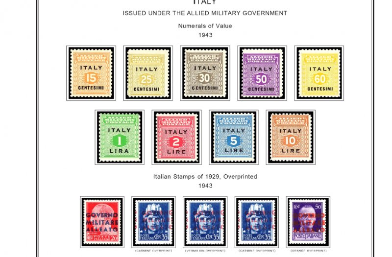 COLOR PRINTED ITALY RSI + AMG 1943-1947 STAMP ALBUM PAGES (18 illustrated pages)