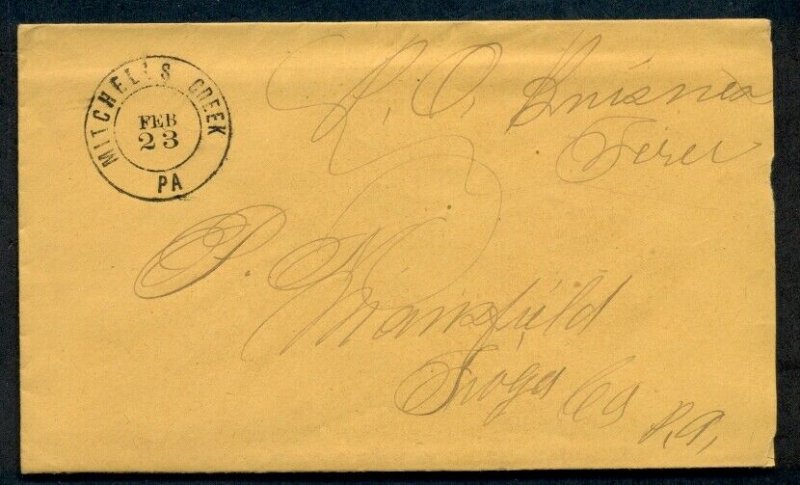 1862, MITCHELL'S CREEK PA Official Post Office cover w/contents, Free manuscript