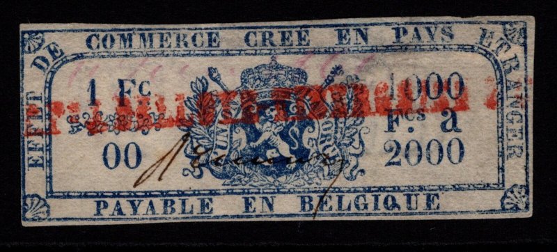 Belgium 1857 1F Revenue TB Wmk Used / Small Pinhole - S36456