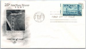 U.S. FIRST DAY COVER 25c AIRMAIL W SELVEDGE TRANS-PACIFIC ART CRAFT CACHET 1947