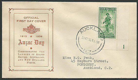NEW ZEALAND 1936 ANZAC 1d plate 1 example on FDC...........................42998