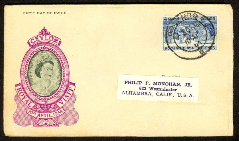 CEYLON 1954 QE2 ROYAL VISIT Issue Cachet FDC Sc 318