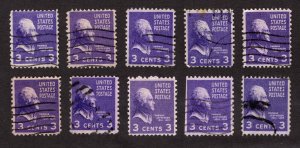 1938, US 3c, Thomas Jefferson, Used, Lot of 10, Scott #807