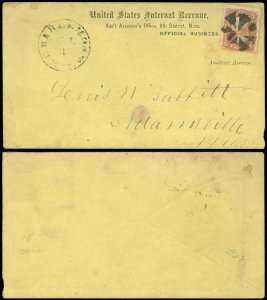 JUL 1 1861c CHARLEMONT Mas Cds, US Internal Revenue O.B. Imprint Cover, SC #94!