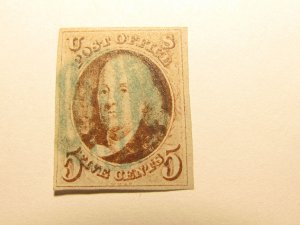 USA Stamp Scott #1 VF/XF USED BLUE CANCEL WITH 4 MARGINS,