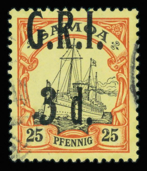 Samoa #105 Used  very fine   Cat$43 1914, G.R.I. 3d on German Samoa 25pf blac...