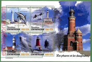 B1369 - Centrafricaine - ERROR MISPERF Stamp Sheet - 2023 - Lighthouses, Dolphins-