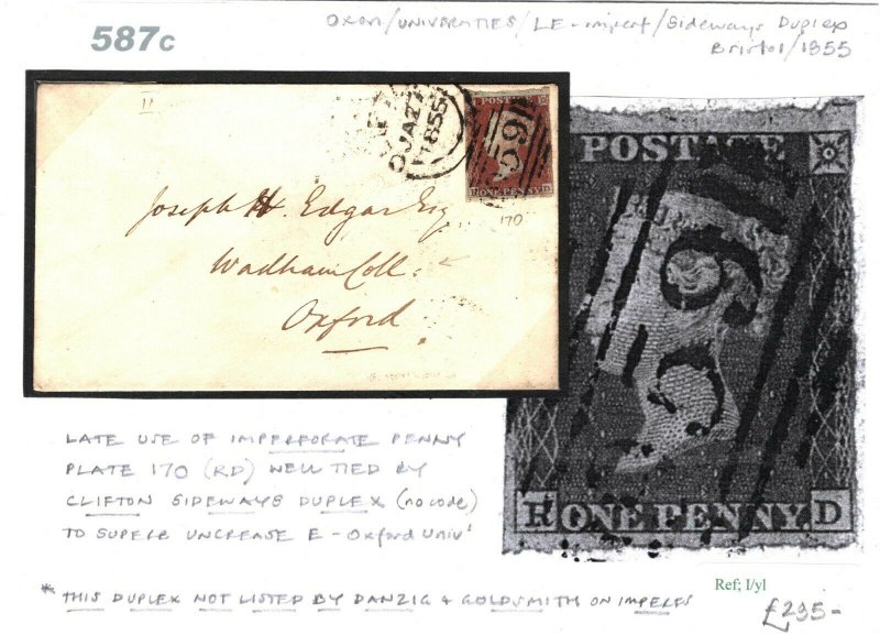 GB Cover LATE USE IMPERF 1d Red Plate 170 *Clifton* Sideways Duplex 1855 587c 