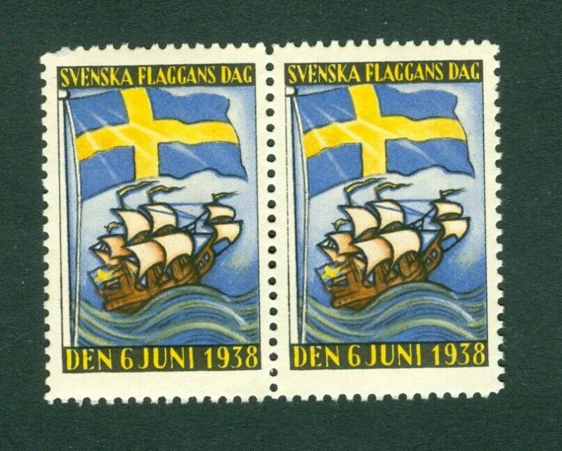 Sweden Poster Stamp Pair Mnh. 1938  National Day June 6. Swedish Flag,Sail Ship