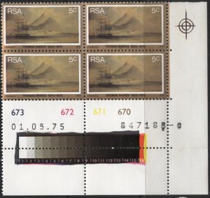 South Africa 443 (mnh block of 4) 5c Dutch East Indiaman by J. T. Baines (1975)