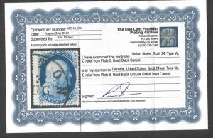 US Sc#24 Used/F-VF, Type Va Plate 5, Doporto Cert., Thin, Cv. $300