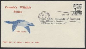 1957 Canada FDC #369 5c Loon Wildlife Personal Cachet Ottawa