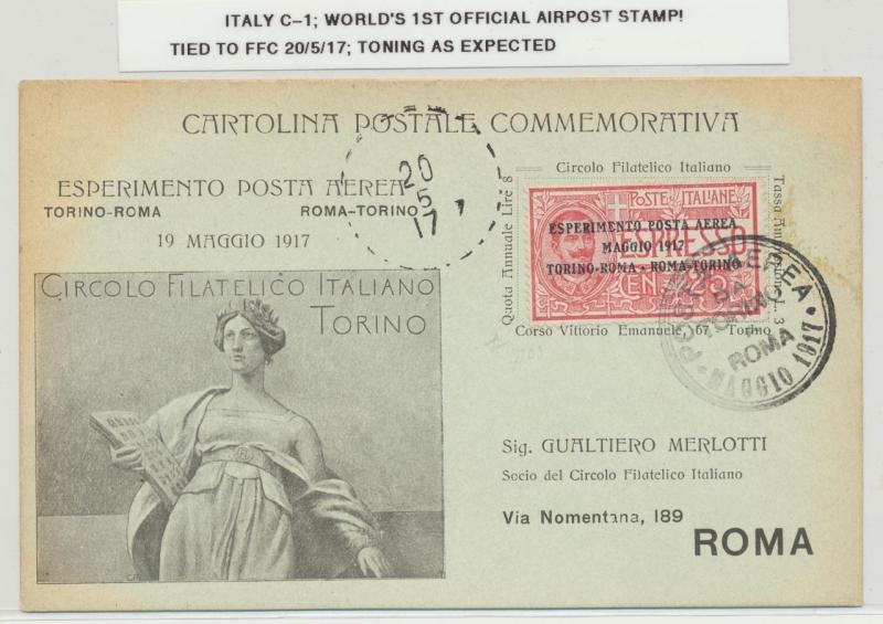 ITALY 1917 FIRST FLIGHT CARD, ROMA CDS, 1st OFFICIAL AIRPOST STAMP  (SEE BELOW)