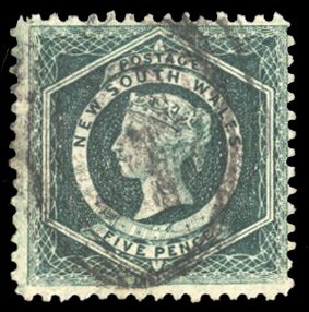 New South Wales #38 Cat$27.50, 1860 5p dark green, used