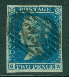 SG 14 1841 2d blue plate 4 lettered GA. Very fine used with a London '23'...