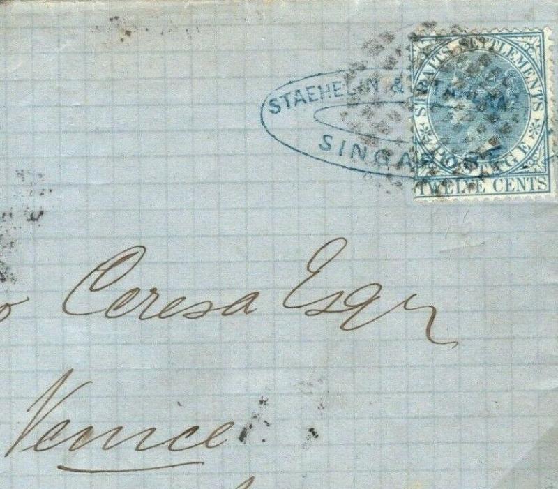 MALAYA Singapore Cover Straits 12c Rate 1879 RARE VENICE DESTINATION MAIL MC22