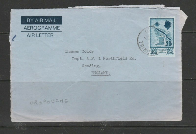 Trinidad & tobago 1972 20c Airletter to UK, Used OROPOUCHE