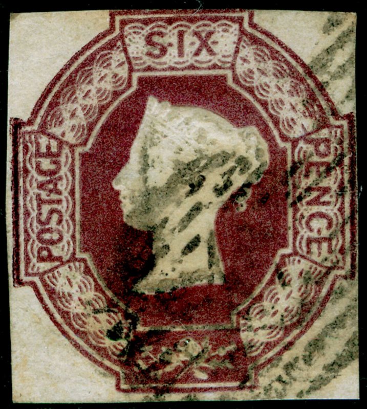 SG58, 6d mauve, CUT SQUARE, FINE USED. Cat £1000. WMK REVERSED