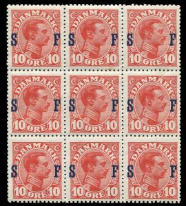 Denmark #M2 Cat$382.50+, 1917 Military Stamps, 10c red, block of nine, never ...