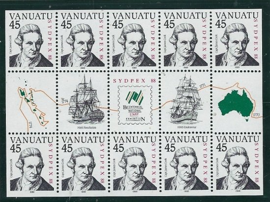 Vanuatu 478a MNH 1988 Capt Cook sheet of 10 with labals (fe8711)