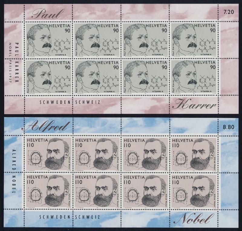 Switzerland 1004-5 sheets MNH Paul Karrer Nobel Prize in Chemistry, Alfred Nobel