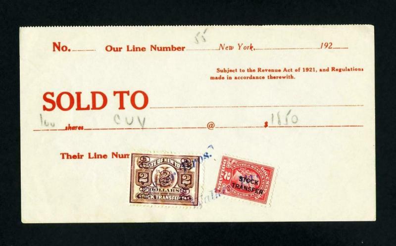 Stock memorandum Walker Brothers with US and NY revenues dated 1920's