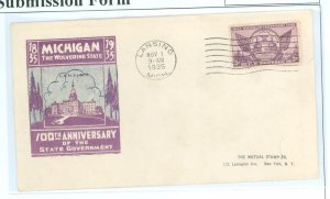 US 775 1935 3c Michigan/100th Anniversary of Statehood on an addressed FDC with an Ioor cachet