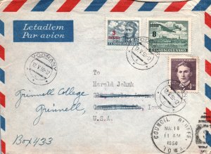 CZECHOSLOVAKIA AIRMAIL COVER FROM VODNANY TO IOWA USA QUAD-FRANKING 1950 RECEIPT