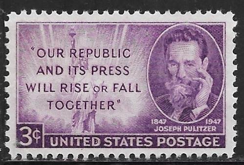 USA 946: 3c Joseph Pulitzer, MNH, VF