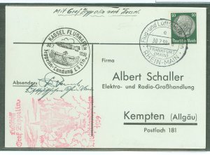 Germany 428 1939 Card carried on the 7 hour flight to the Kassel Air show by the Graf Zeppelin (LZ130) with cachets & cancel.